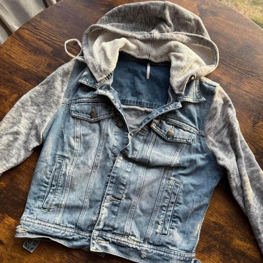 Free People Denim Hoodie Jacket Distressed Blue Gray Layered Small
